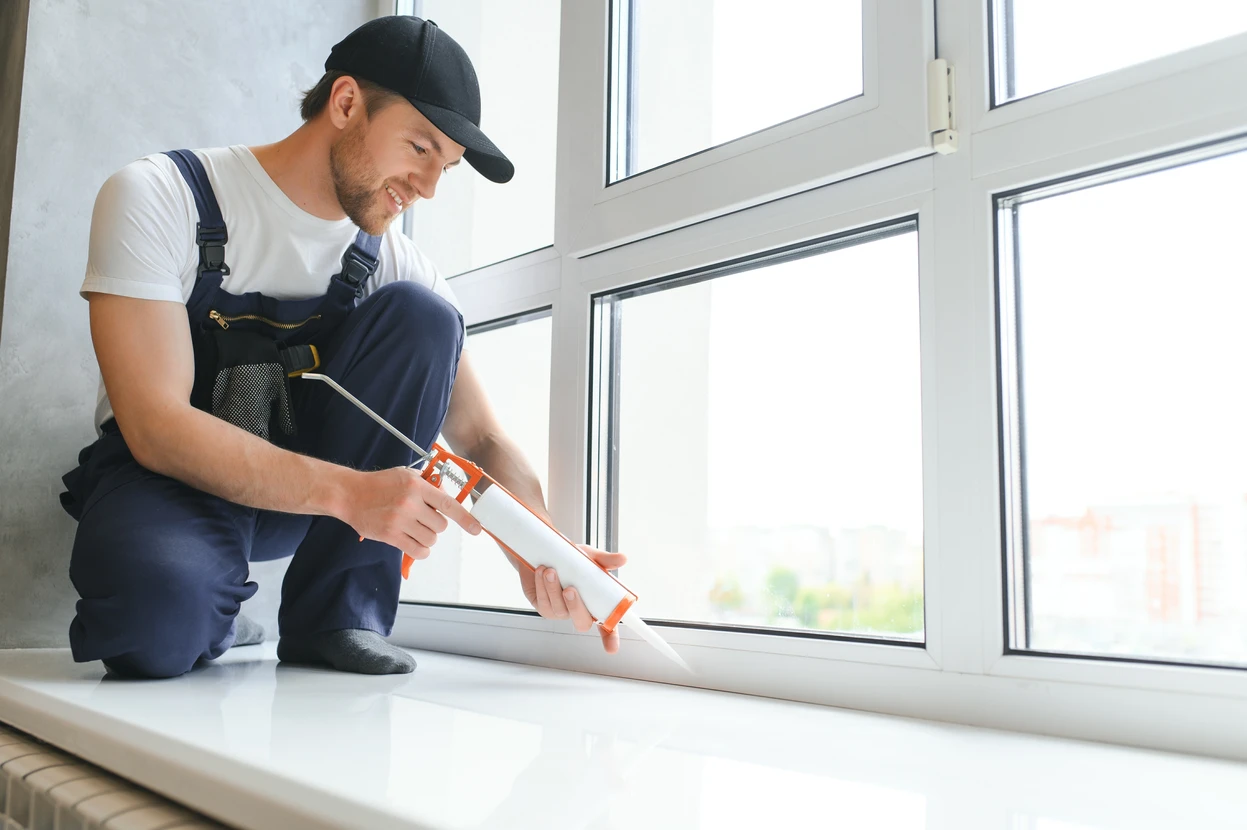 Le contremaître installe un cadre de fenêtre dans la pièce
