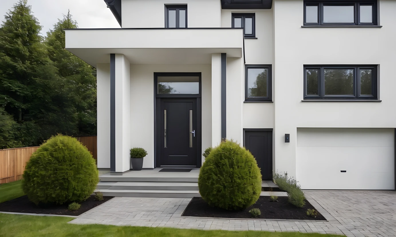 Intérieur moderne avec grandes baies vitrées donnant sur jardin luxuriant