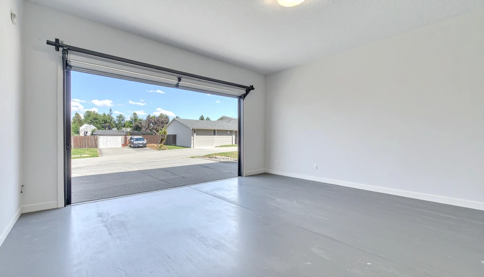 Entrée moderne d'immeuble de bureaux avec porte tambour automatique en verre et acier inoxydable